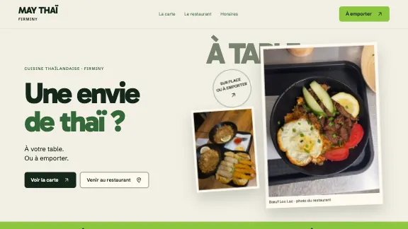 Le site MAY THAÏ : cuisine sur place et à emporter, accès à la carte et photographies des assiettes du restaurant.