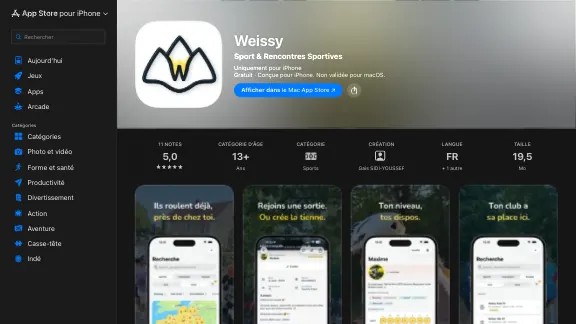 La fiche de l'application Weissy sur l'App Store : son icône, son nom, la catégorie Sport et rencontres sportives, et « Gais SIDI-YOUSSEF » au champ création.