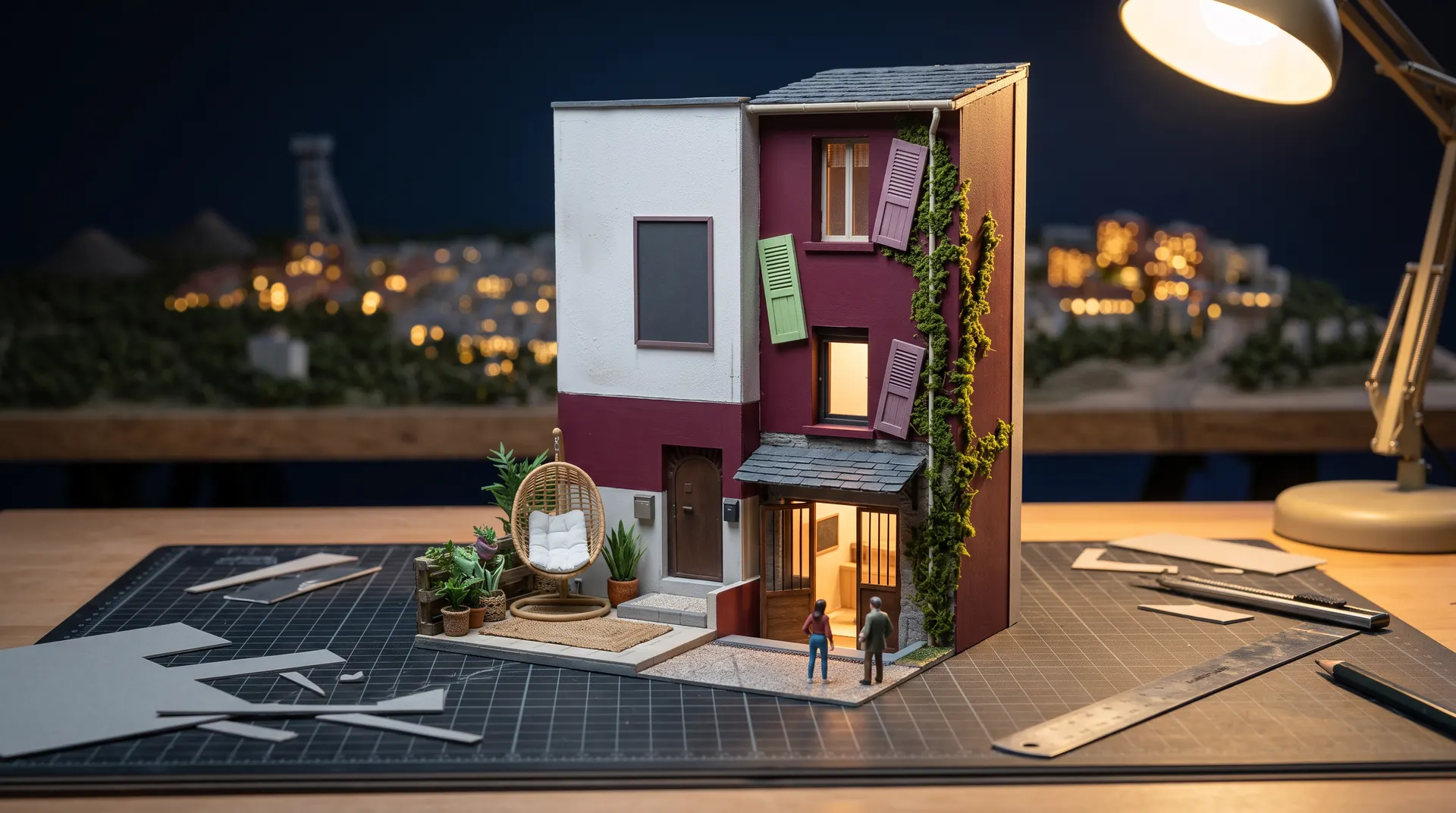 Maquette de la devanture de MAY THAÏ posée sur la table de l’atelier : façade bordeaux, volets vert et mauve, lierre, terrasse avec un fauteuil suspendu.