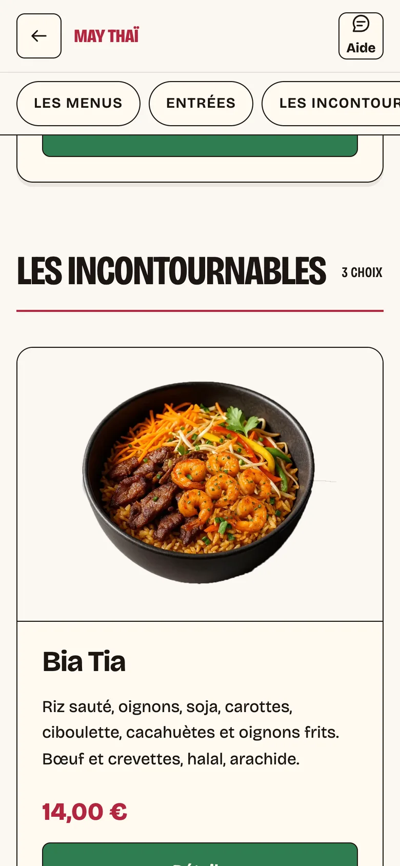 La carte de MAY THAÏ : ses rubriques et les prix des plats.